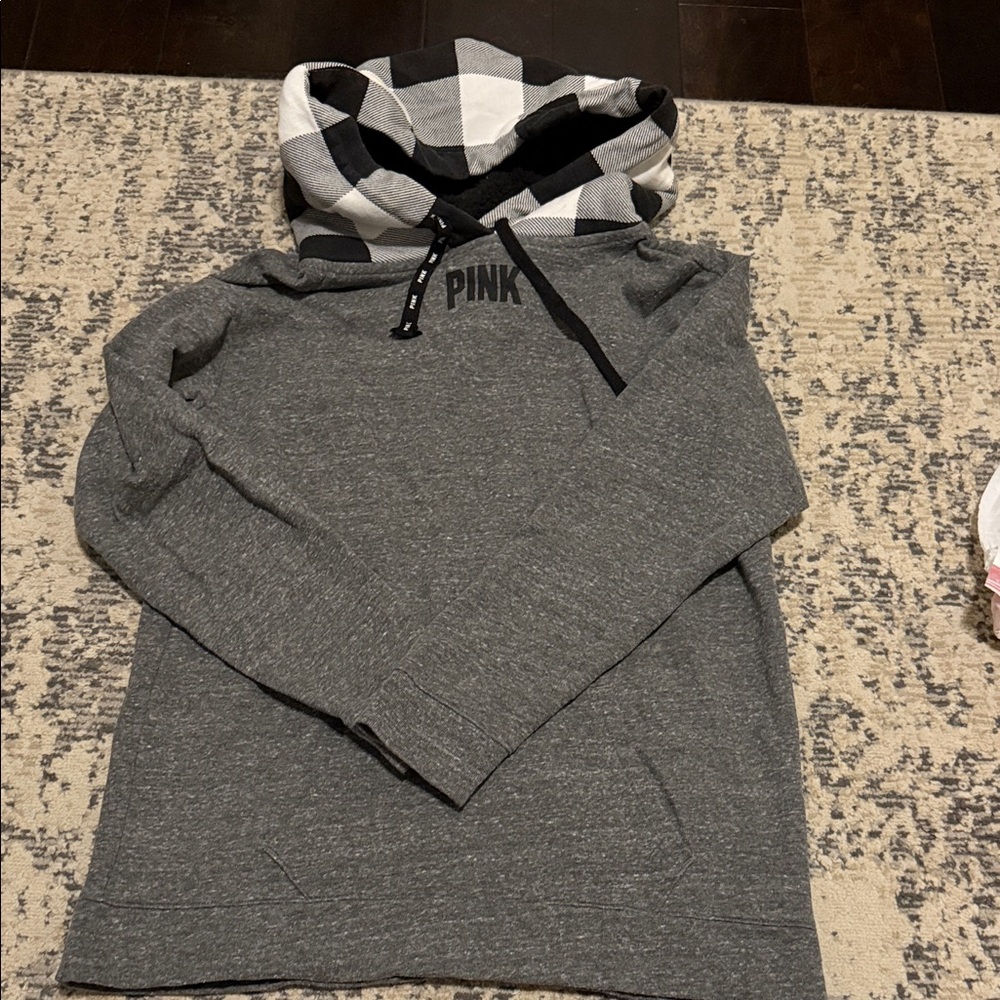 PINK Victoria's Secret Gray Hoodie with Plaid Hood